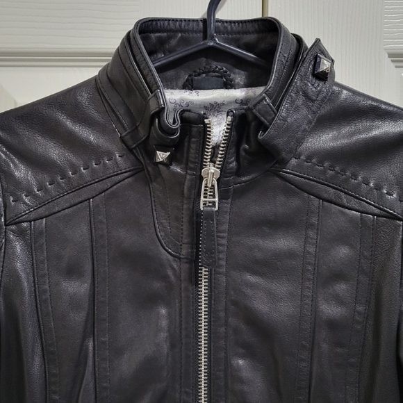 Mackage Black Leather Jacket with Patterned Lining - Picture 2 of 16